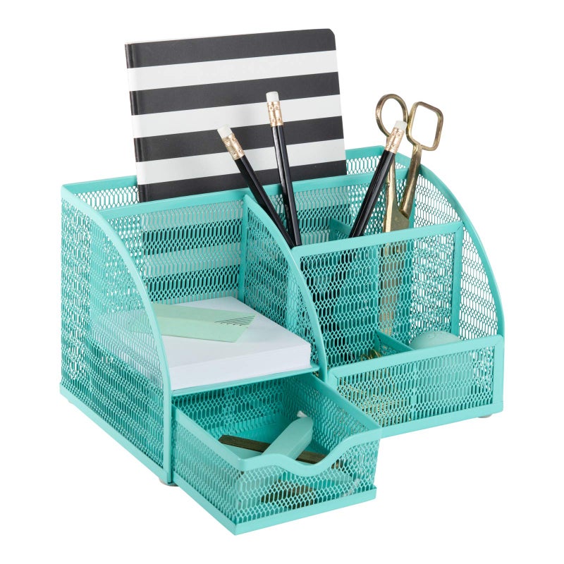 BLU MONACO Aqua Desk Organizer | Metal Turquoise Stationery Holder With Drawer and Compartments | Desktop Storage for School, Bedroom, Locker and Home | 5.5â€D x 8.6â€W x 5â€H Accessory Caddy - Image 1